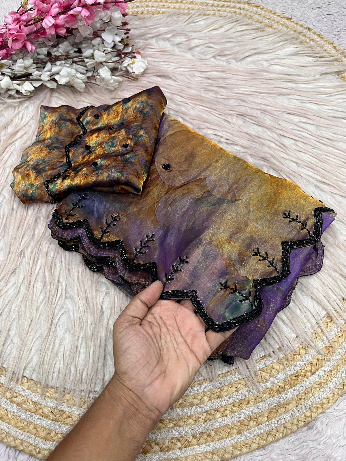 Space silk digital print handwork saree