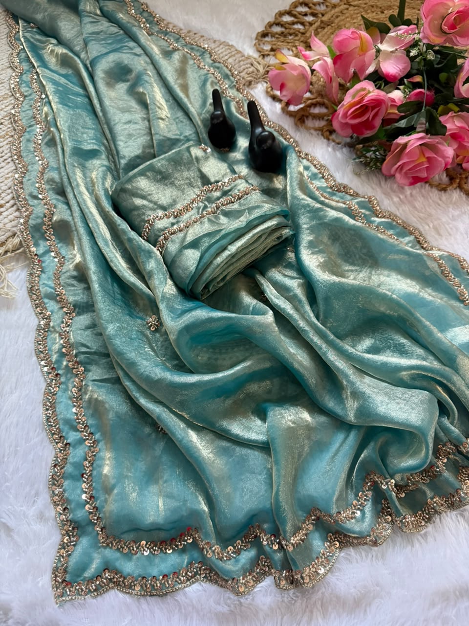 Space silk original handwork gold beads saree