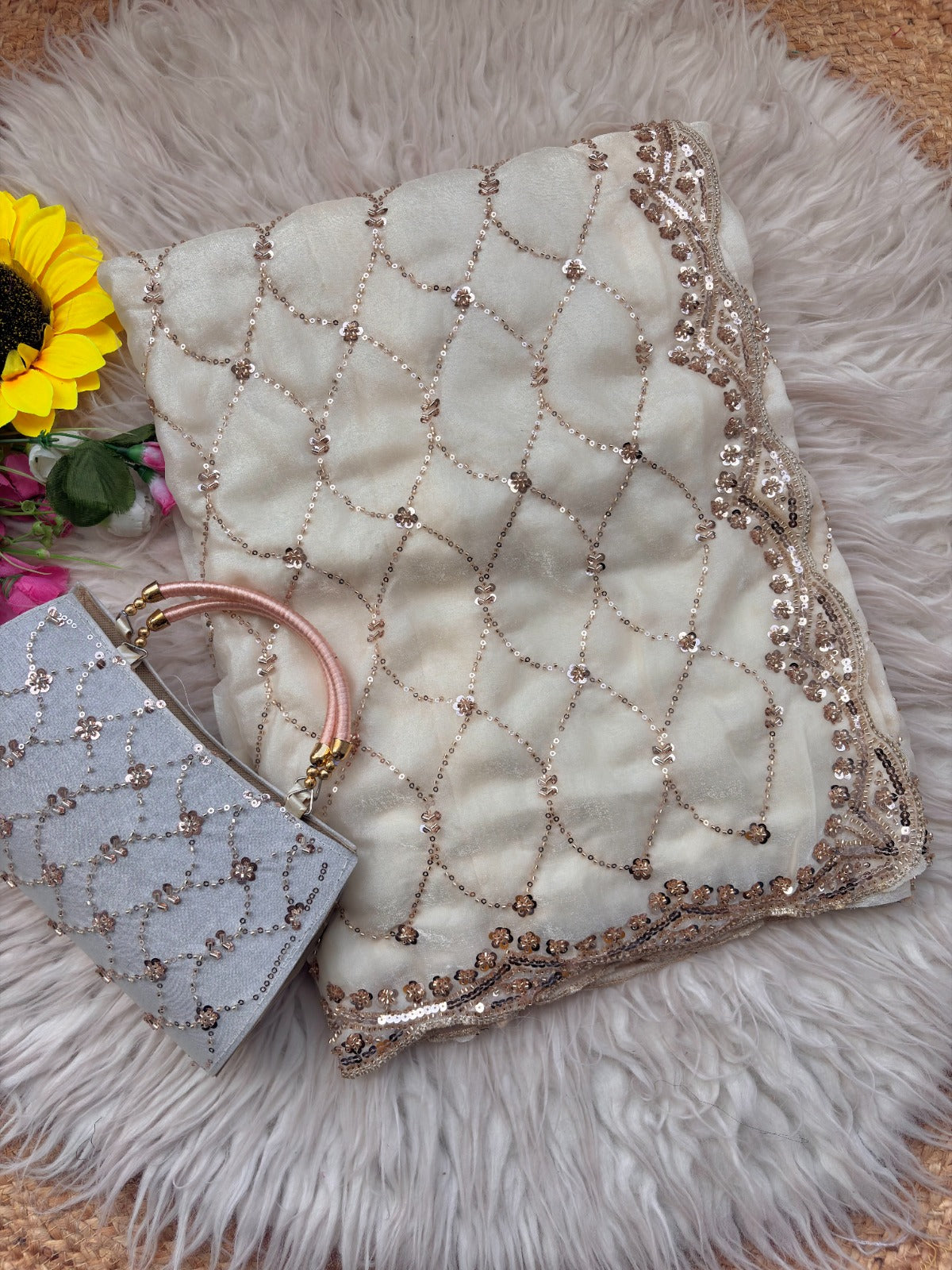 Space silk beads work saree with free desiner purse