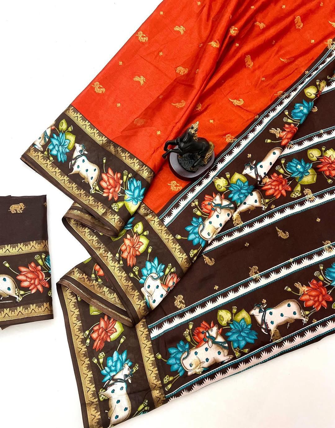 Rust Orange Mangalagiri Pichwai saree