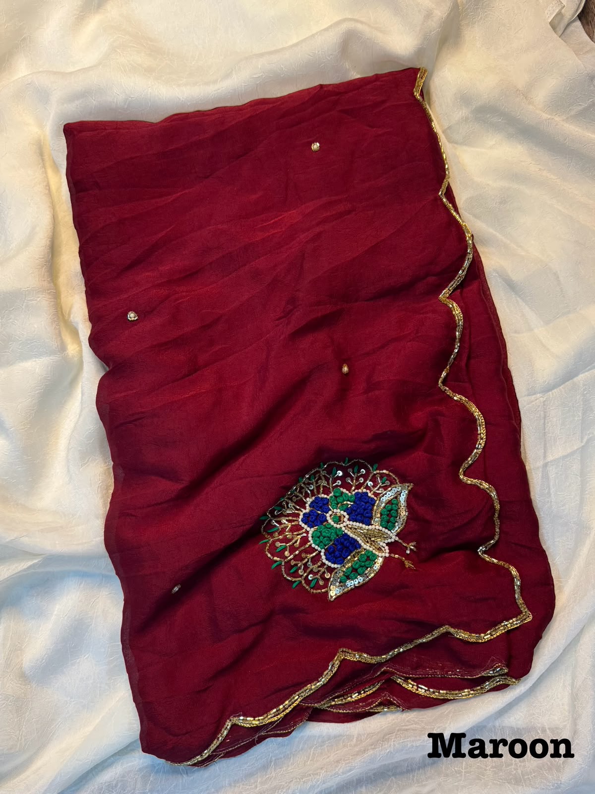 Very soft rangoli crush hand work peacock design saree
