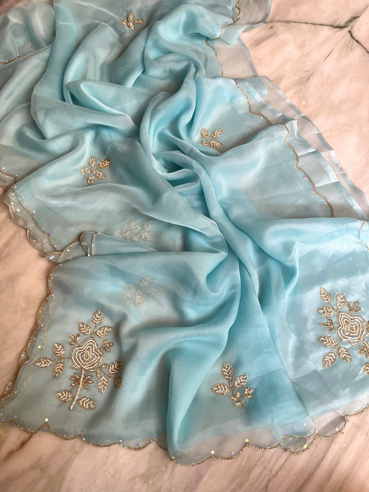 Pure chiffon and organza handwork saree