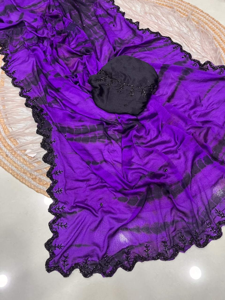 Tie and dye pure chinnon handwork saree