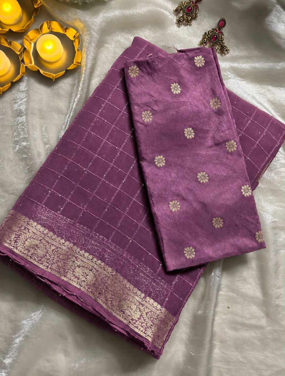 Viscose georgette checks sequins pattern sarees