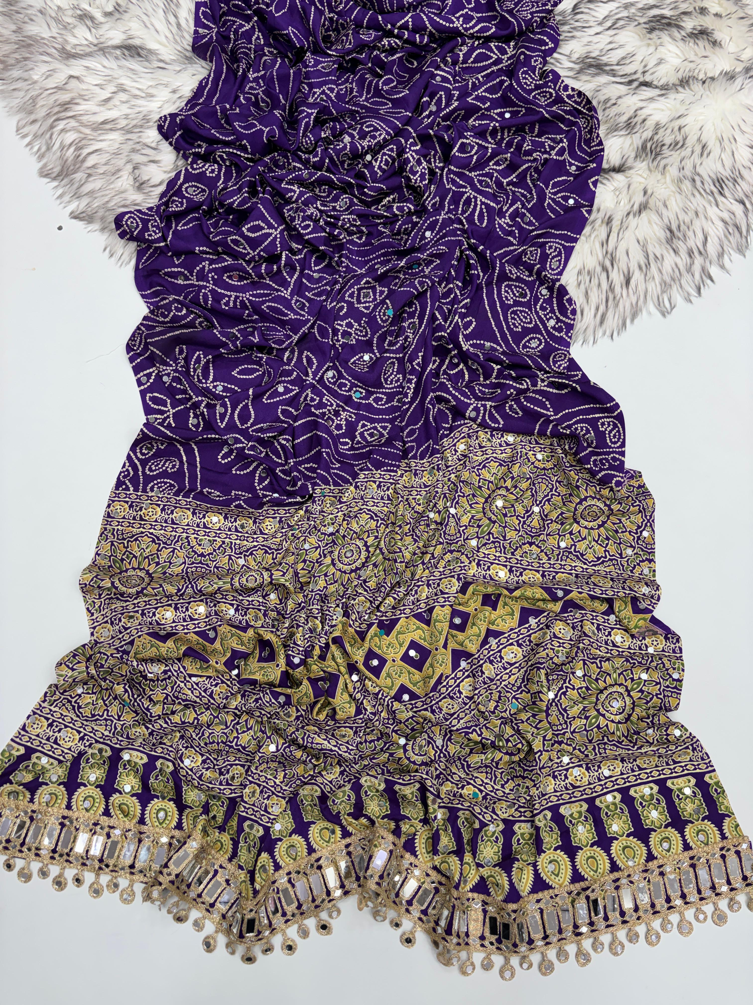 Ajrak design crepe silk mirror saree
