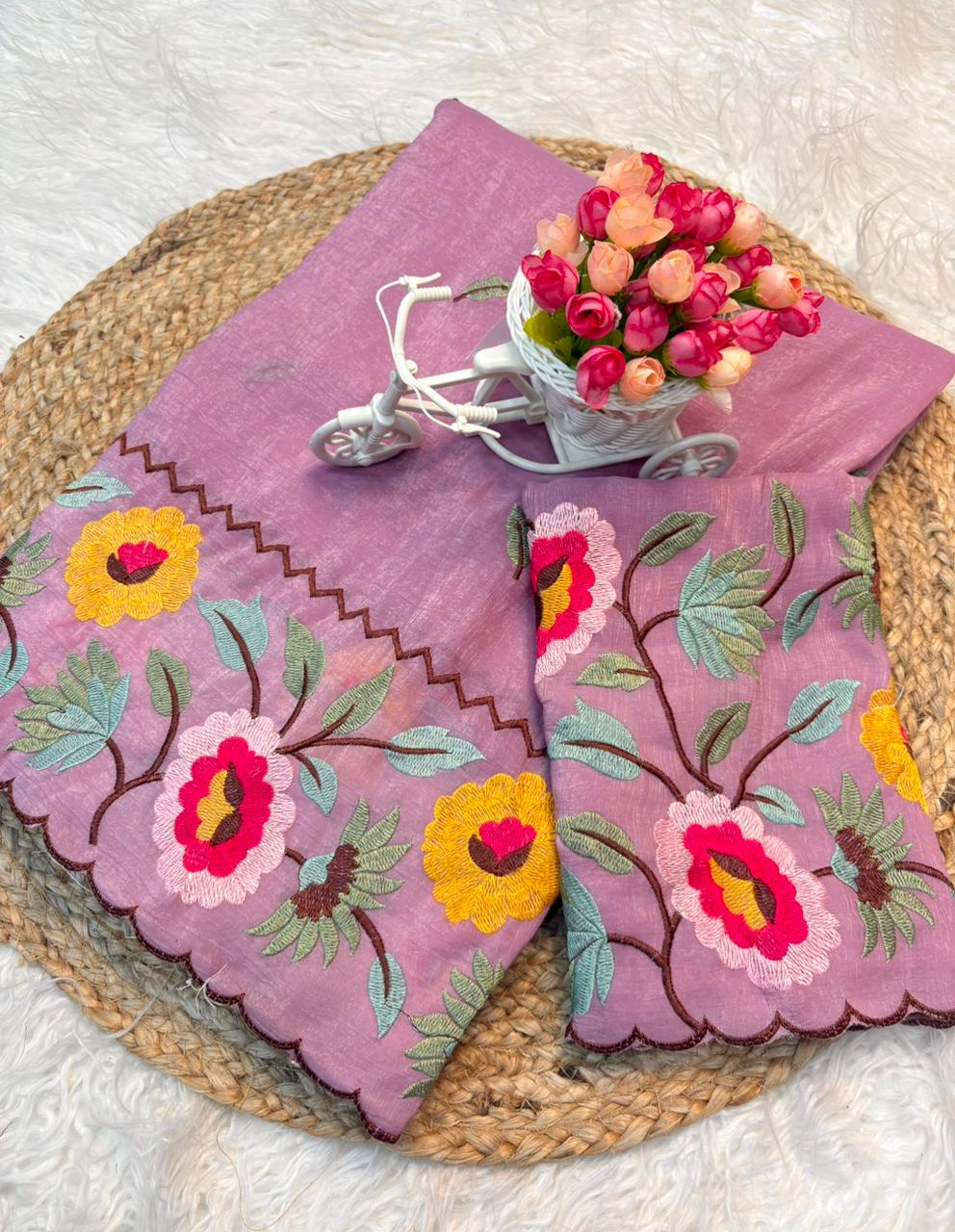 Crunchy fabric cutowork embroidery saree