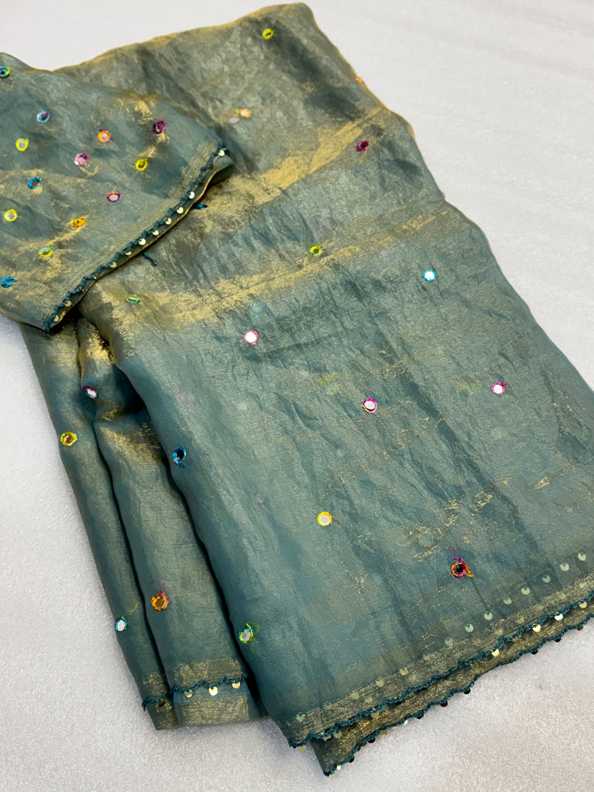 Moss space silk arco mirror work saree