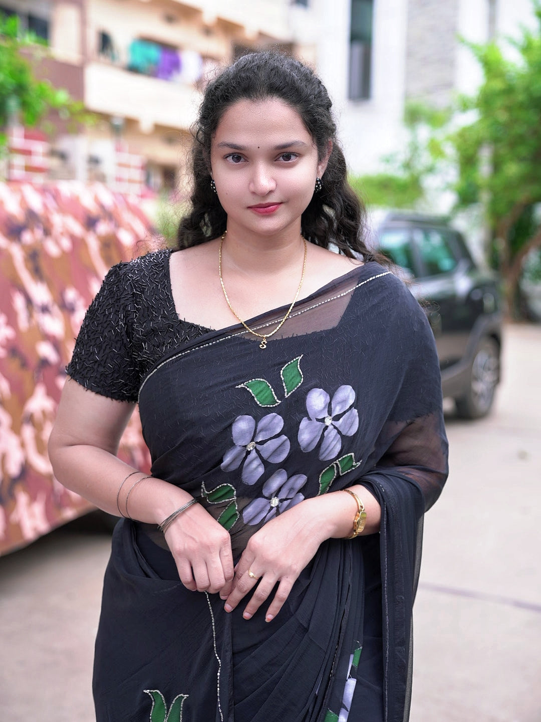 Chiffon handpaint kardhana work saree