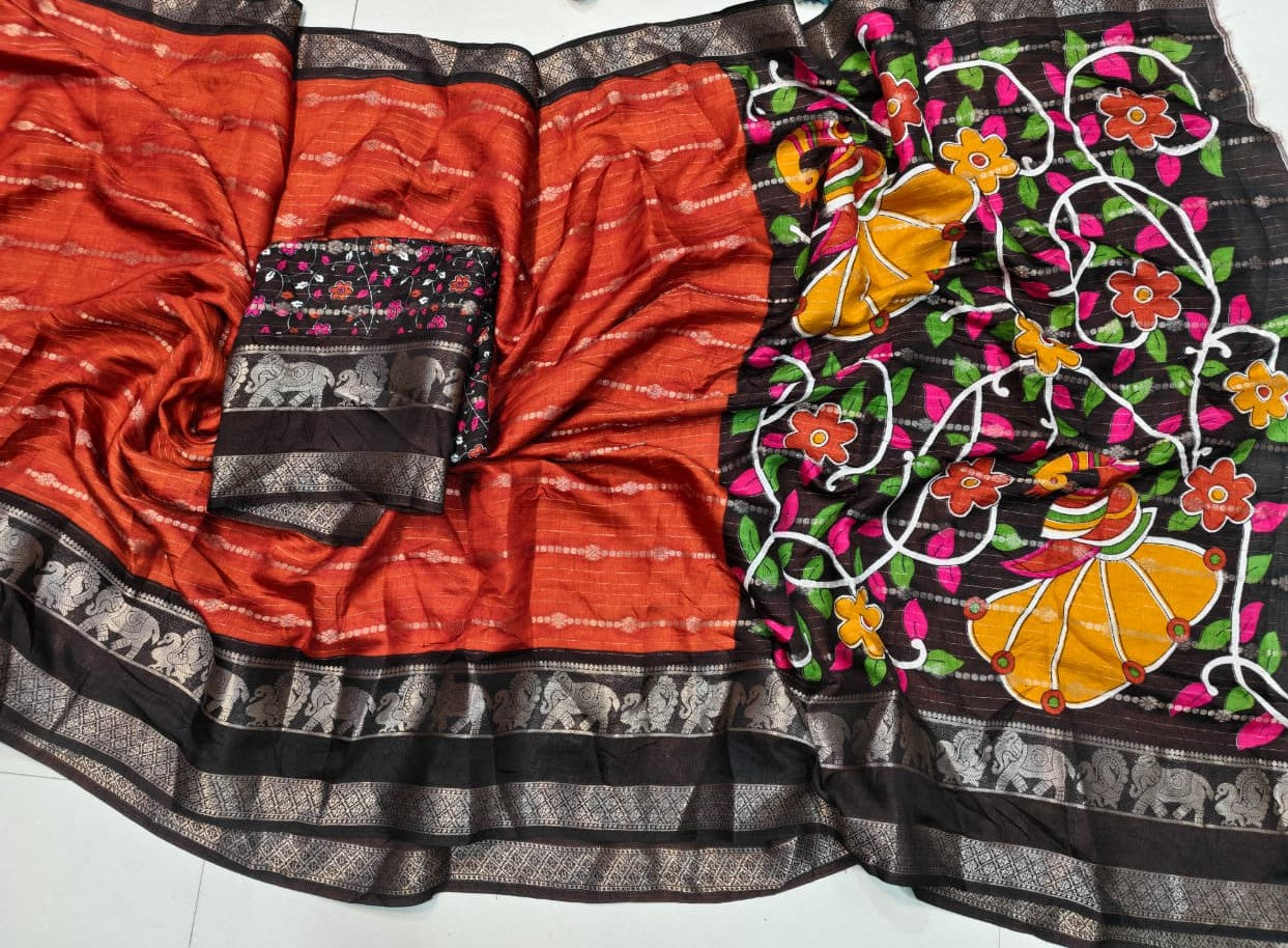 Rust Orange Soft tussar saree kalamkari pallu