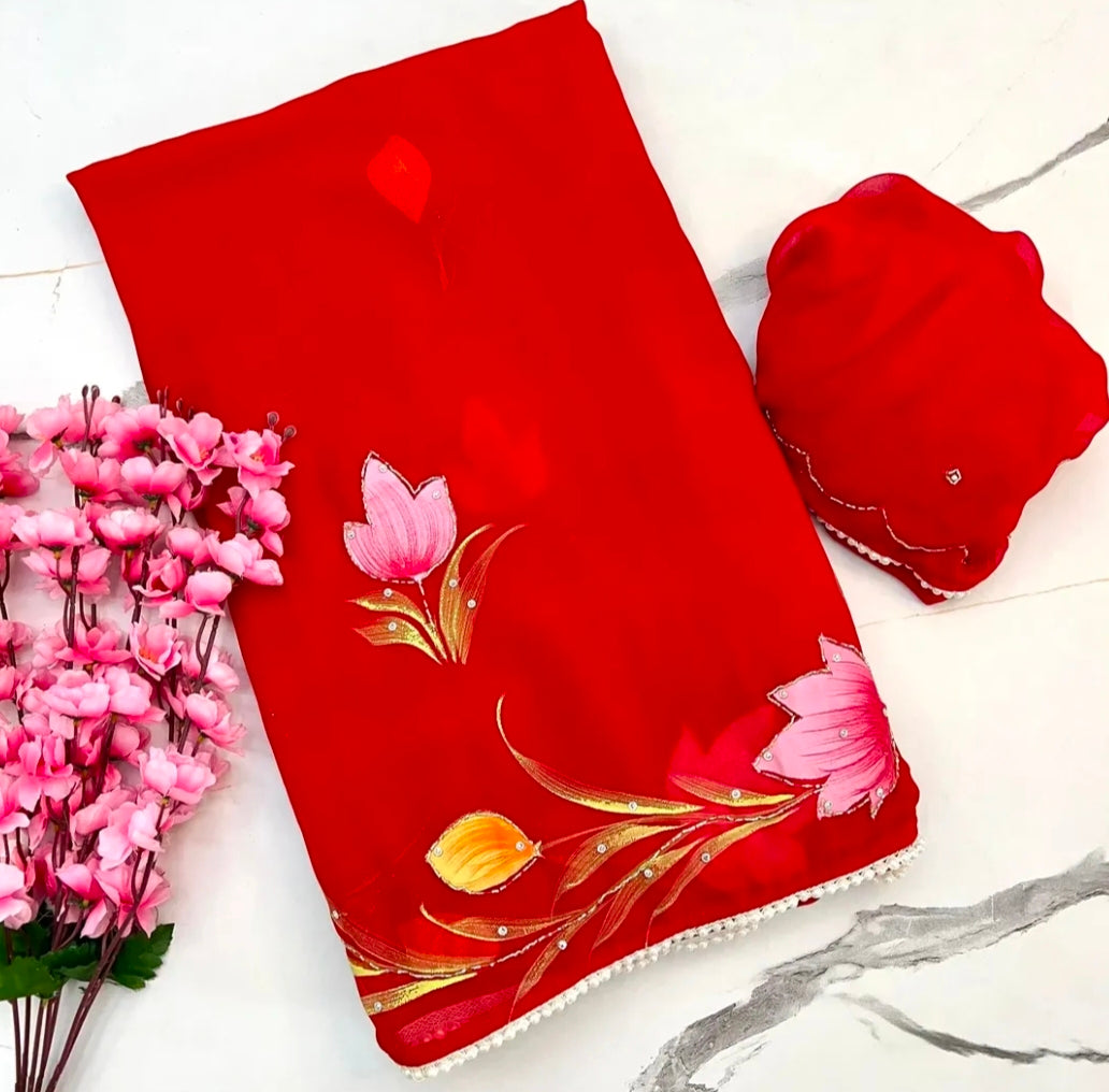 Brush paint soft georgette handwork saree