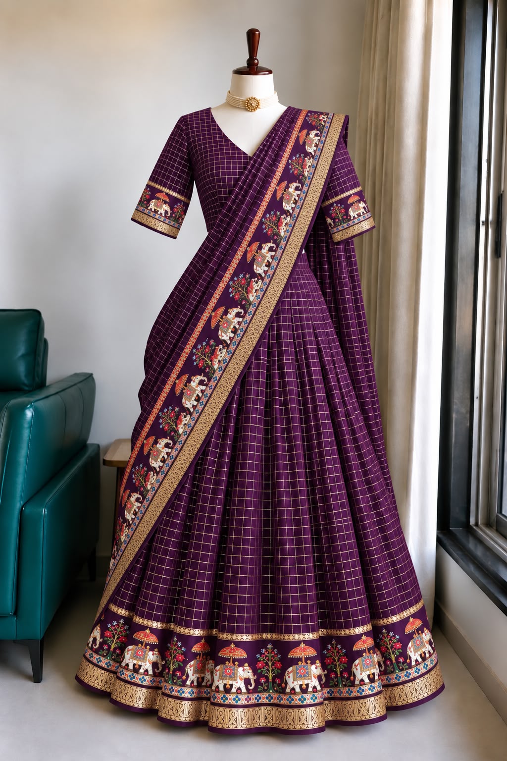 Viscose georgette fully stitched checks lehanga/ half saree