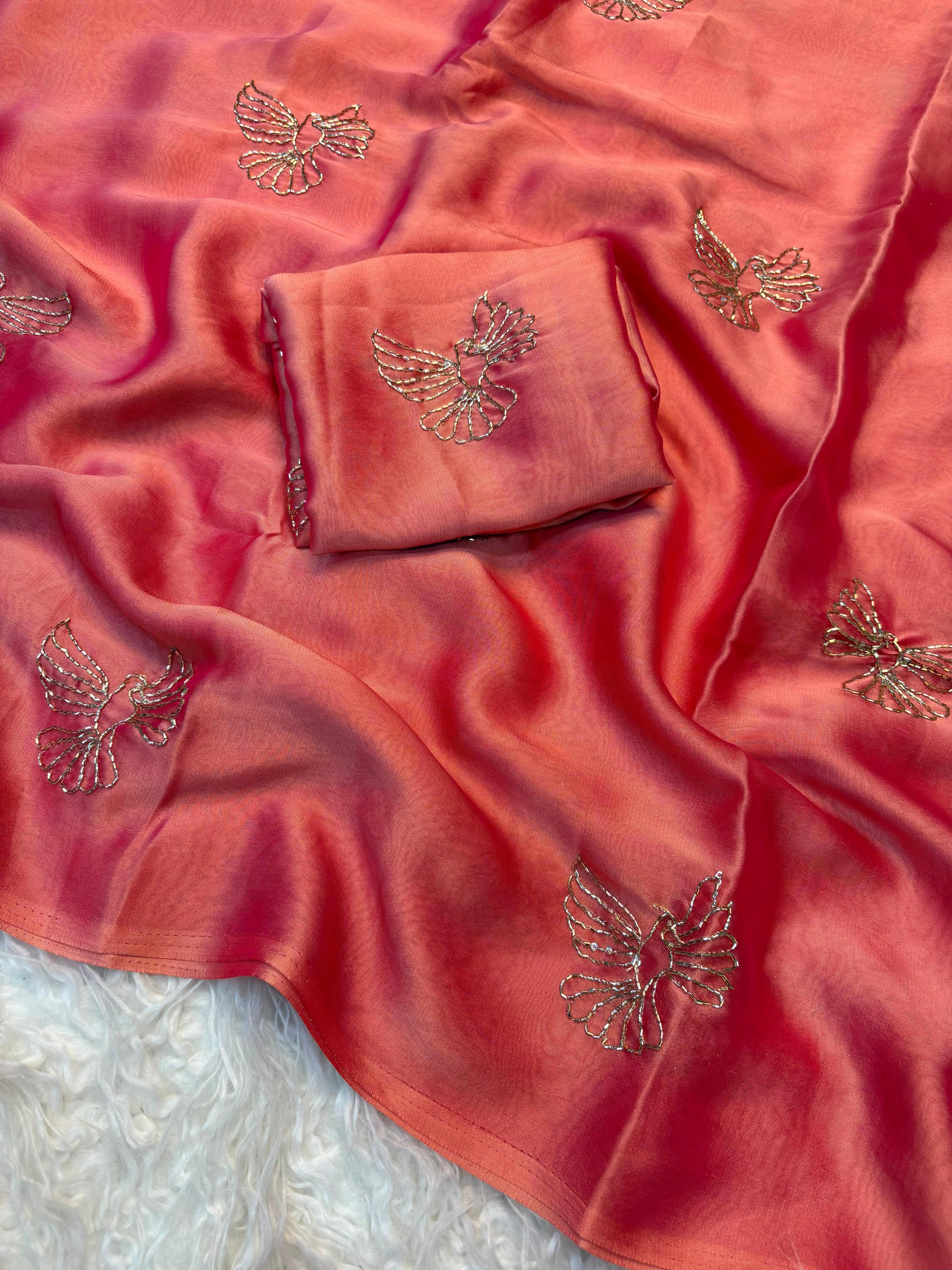 Soft rangoli bird design partywear saree