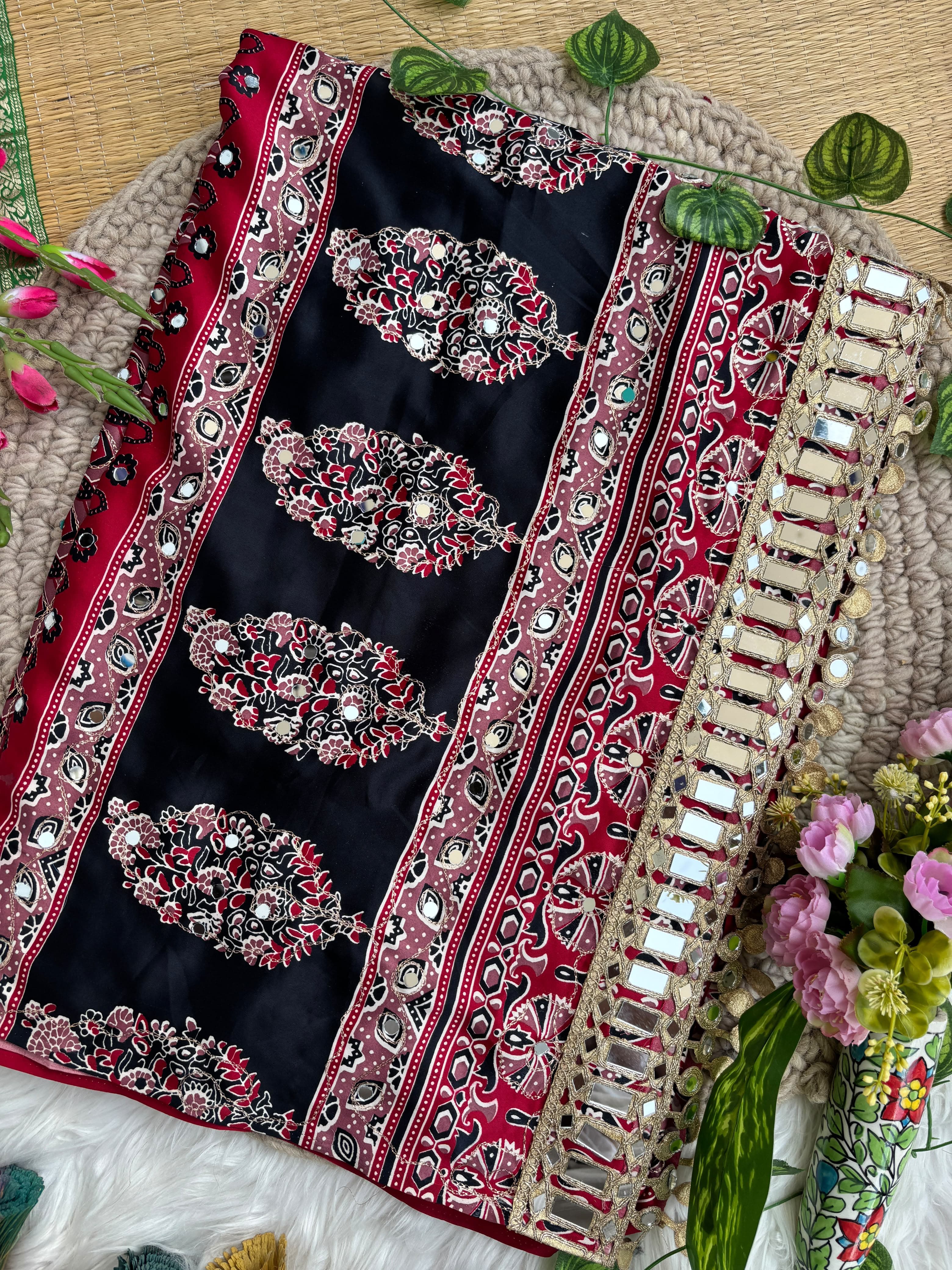 Ajrak mirror satin modal saree