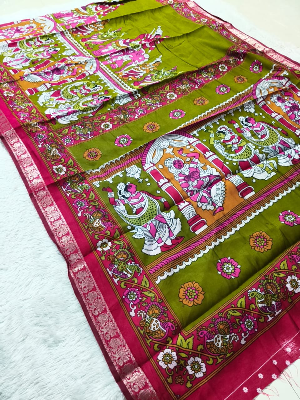 Managalagiri silk Peacock Boarder Kalamkari saree
