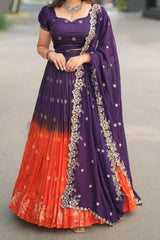 Full stitched purple and rust orange Lehanga