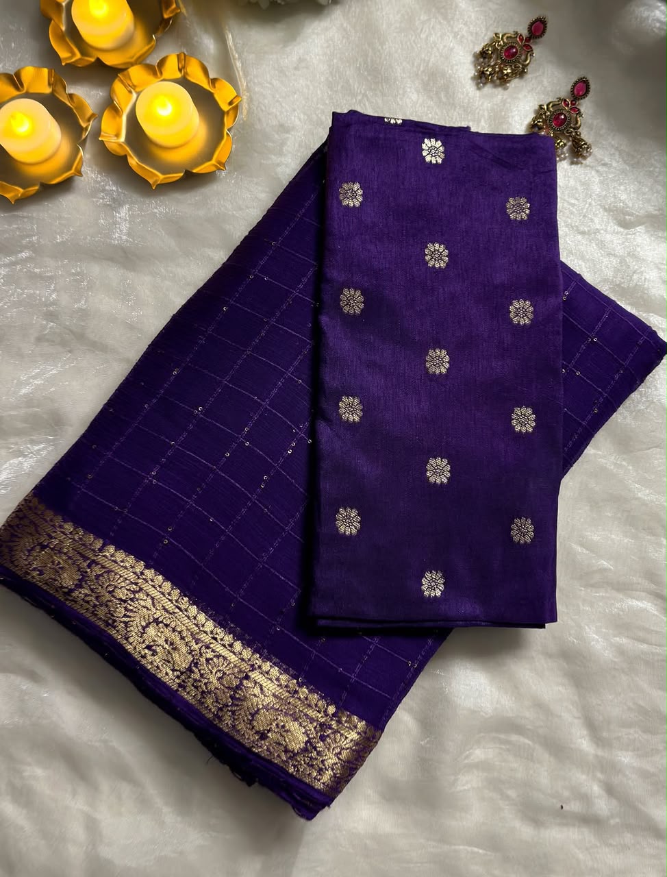 Viscose georgette checks sequins pattern sarees