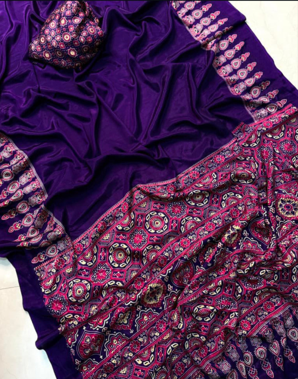 Ajrak Print crepe mix silk saree