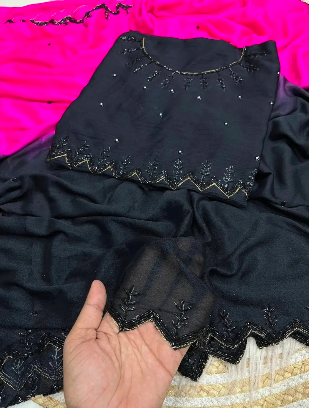 Kajal inspired chinnon dual shade handwork saree