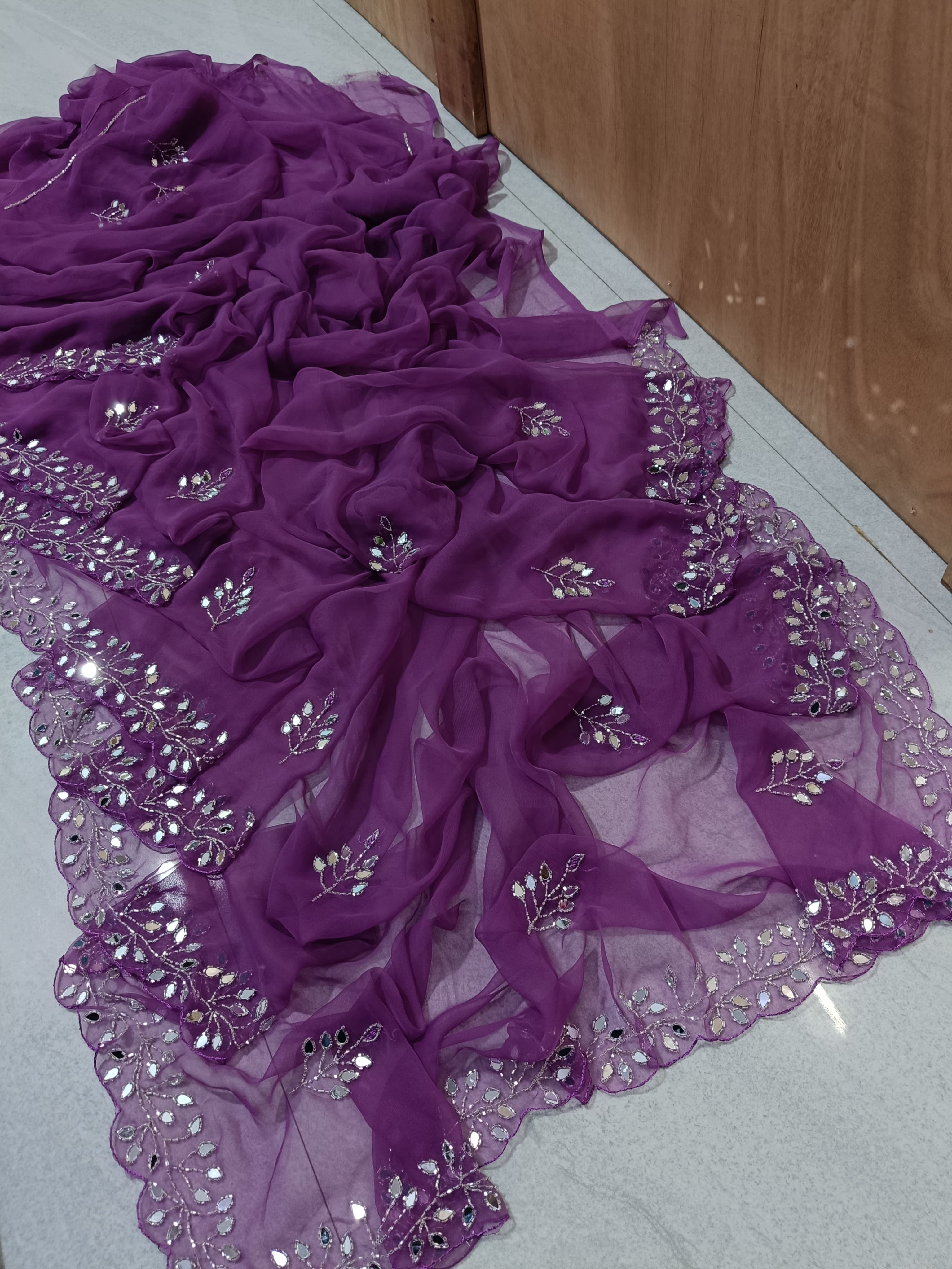 Fancy handwork mirrors and beads work georgette saree