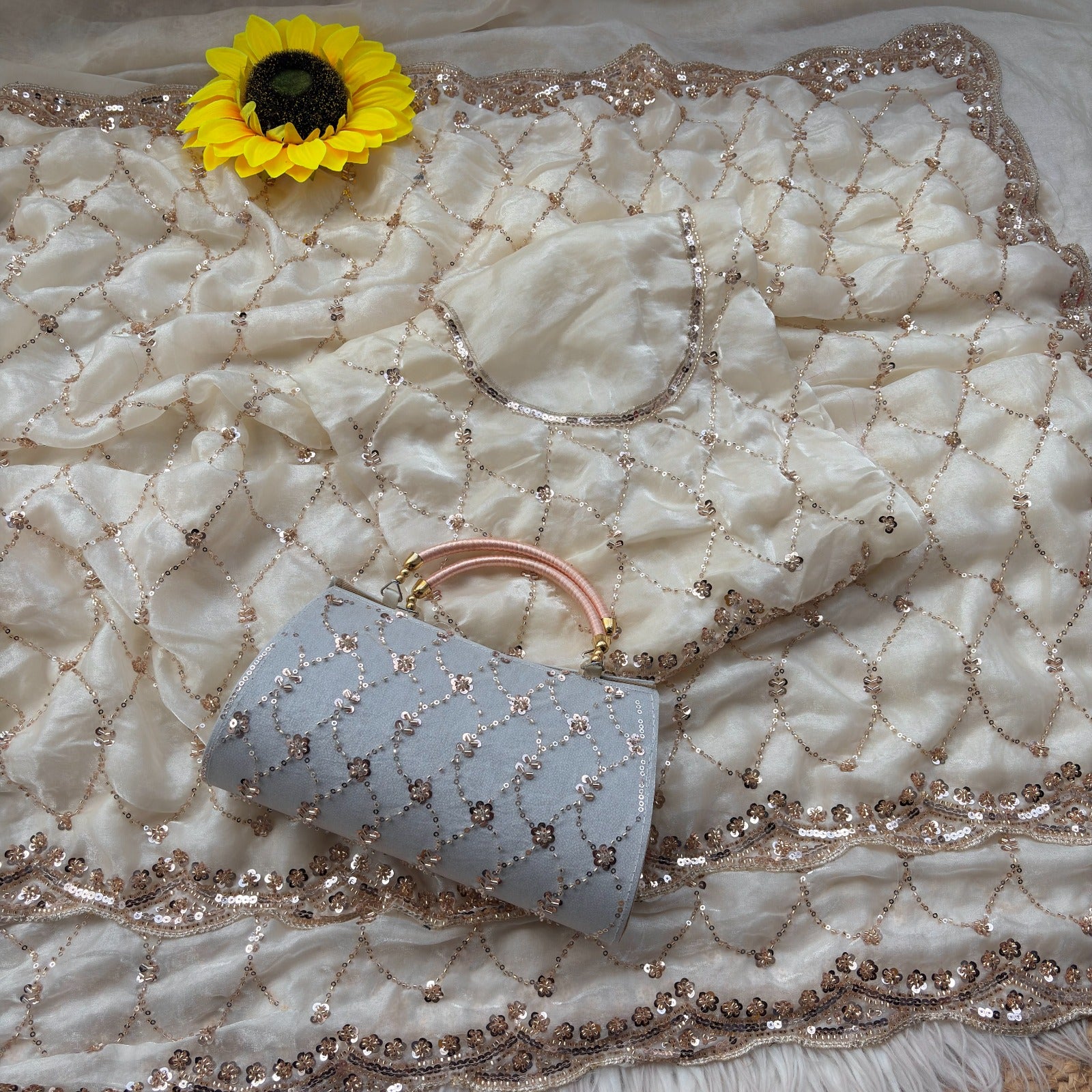 Space silk beads work saree with free desiner purse