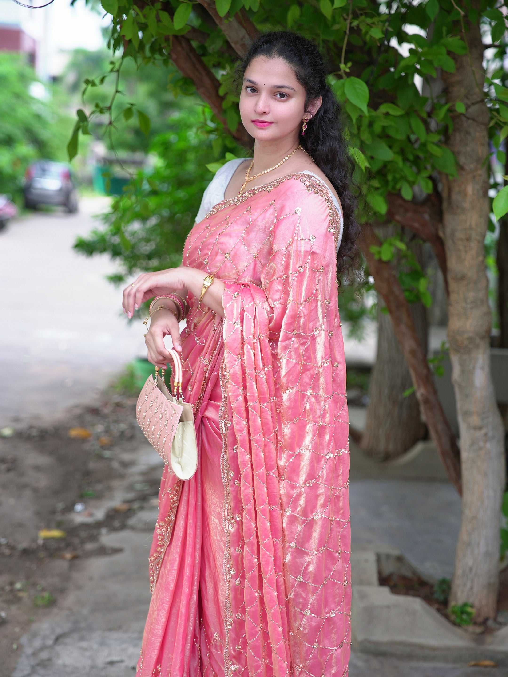 Space silk beads work saree with free desiner purse