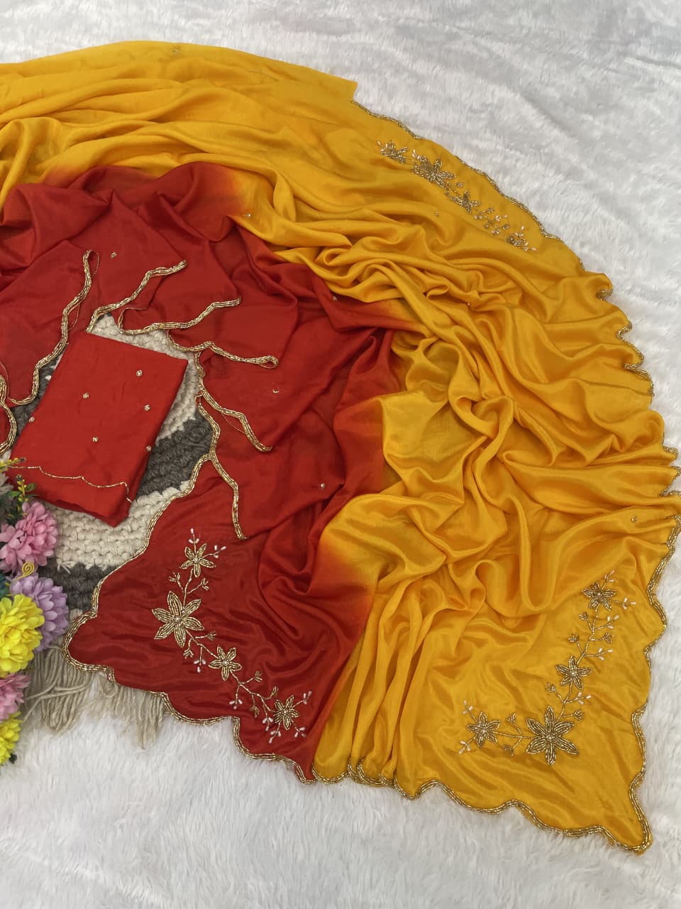 Rangoli crushed dual shade hand work saree