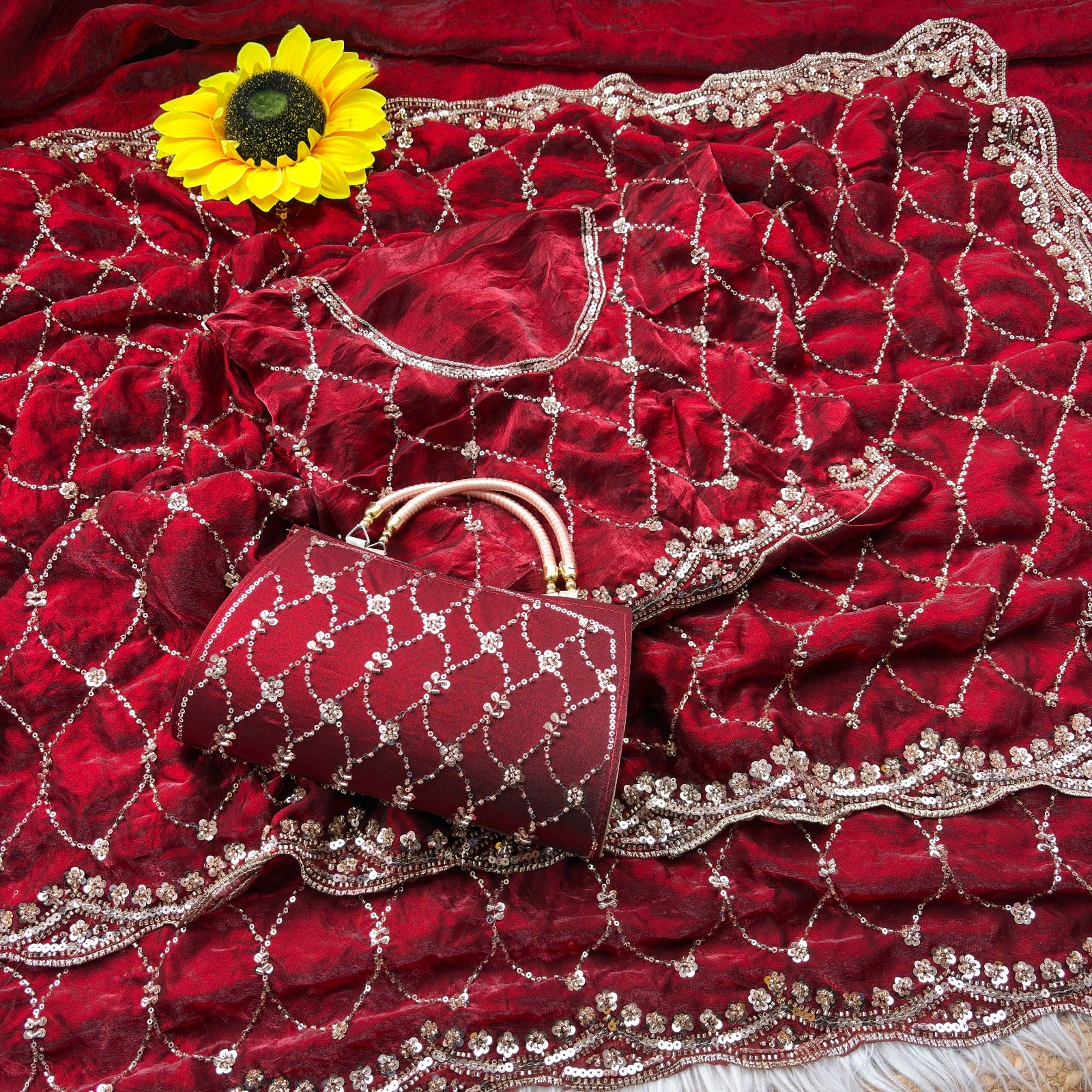 Space silk beads work saree with free desiner purse