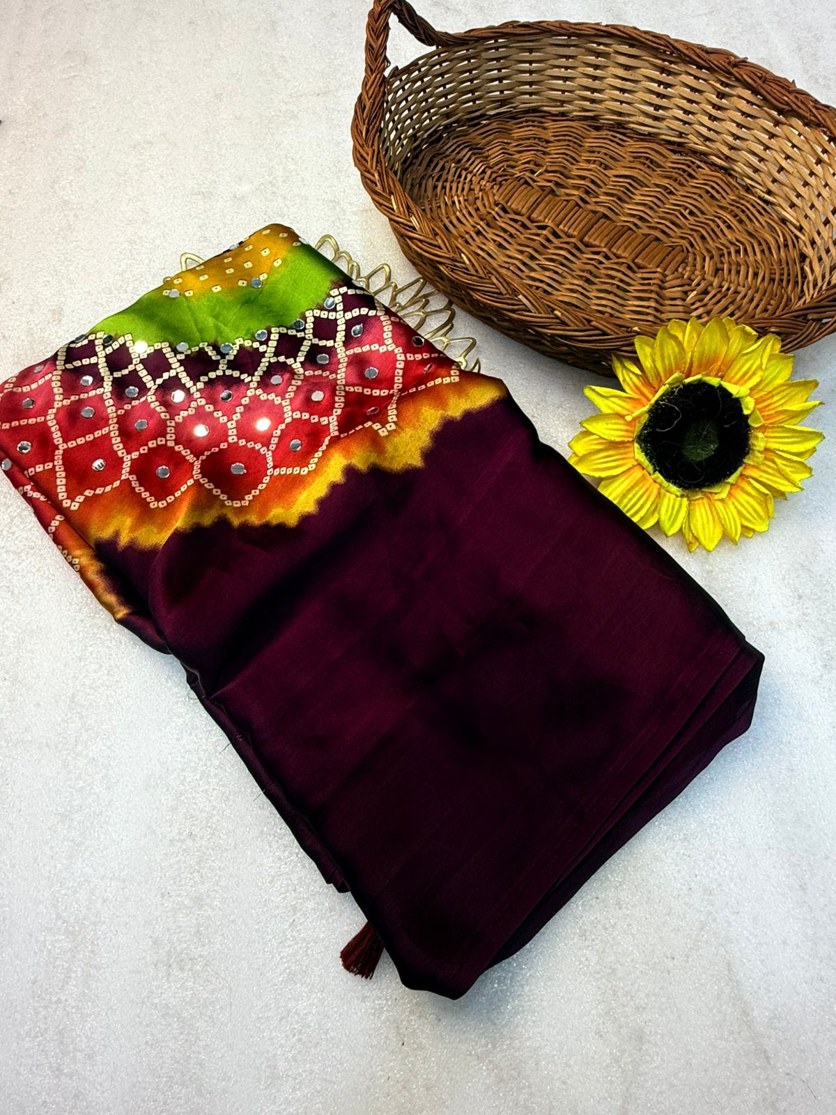 Ganji bandhej silk mirror work soft saree