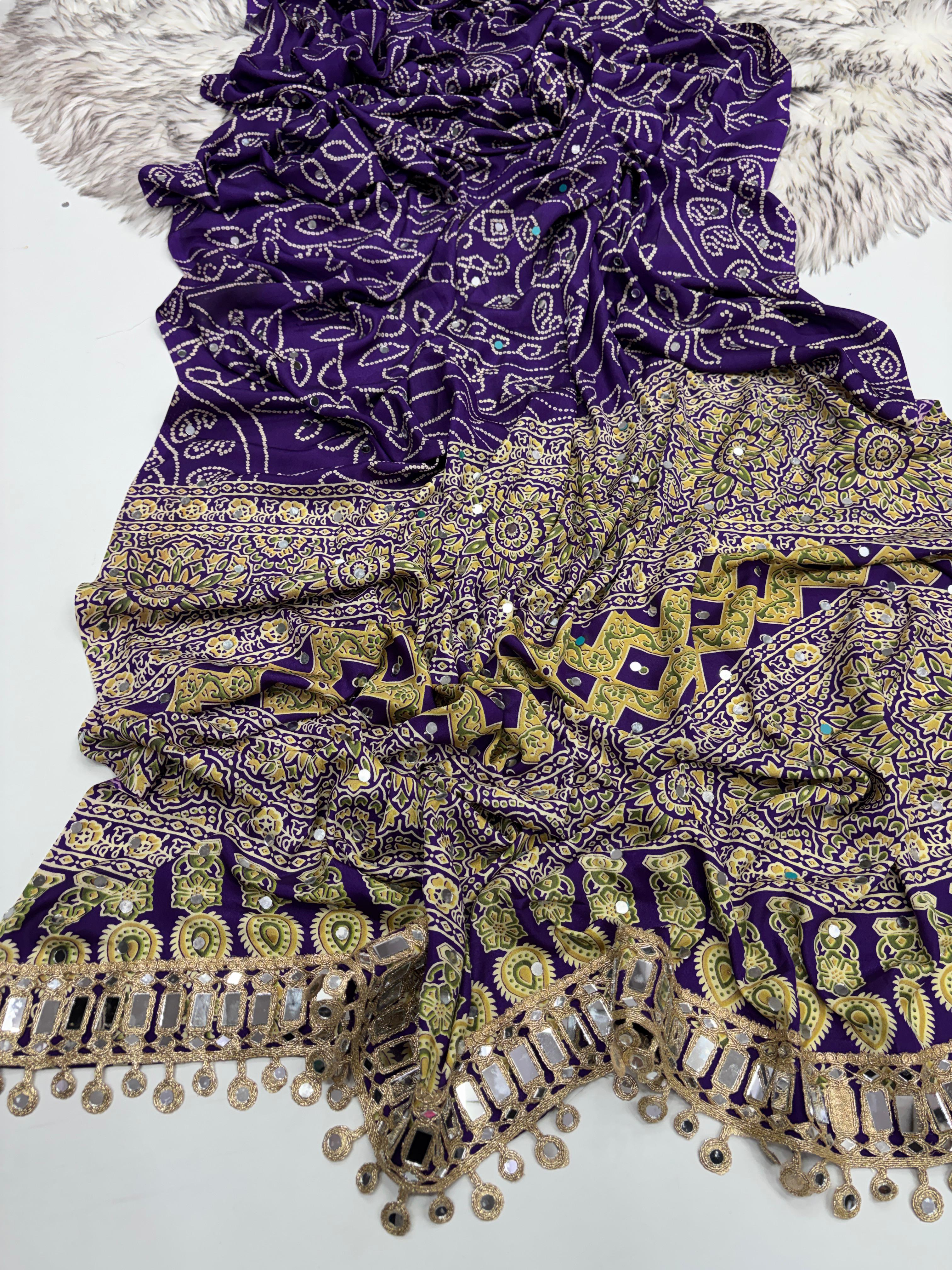 Ajrak design crepe silk mirror saree