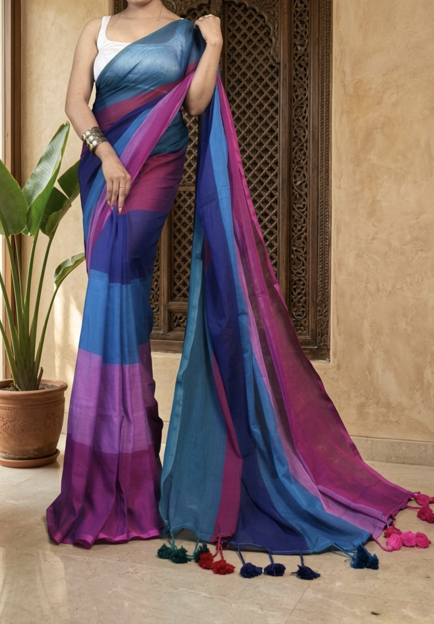 Pure mul cotton rainbow 120 count saree