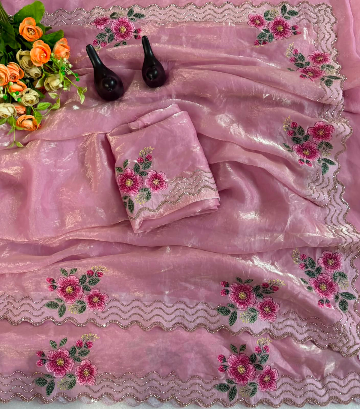 Space silk 3d print diamond stone work saree