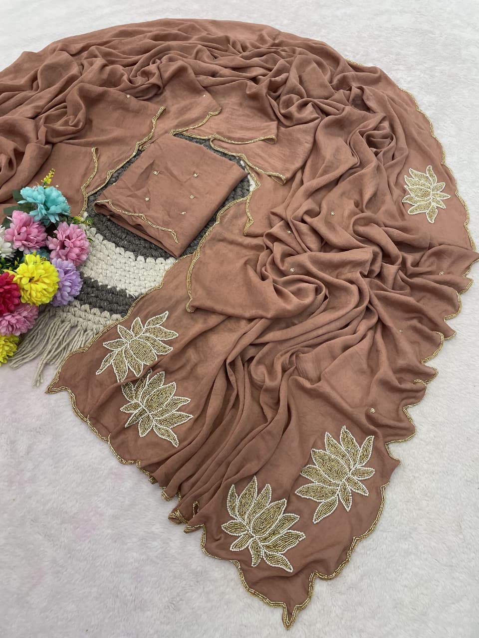 Soft rangoli crush lotus handwork saree
