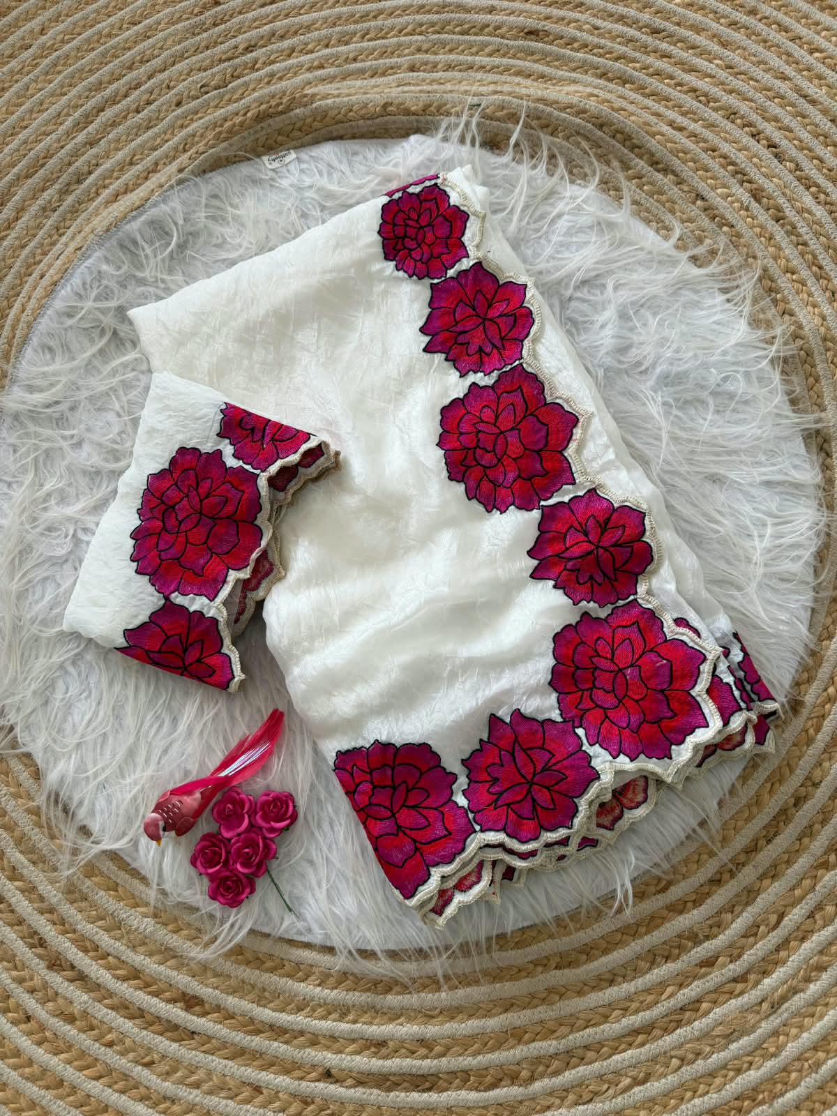 Ivory white and rose petals cutwork saree