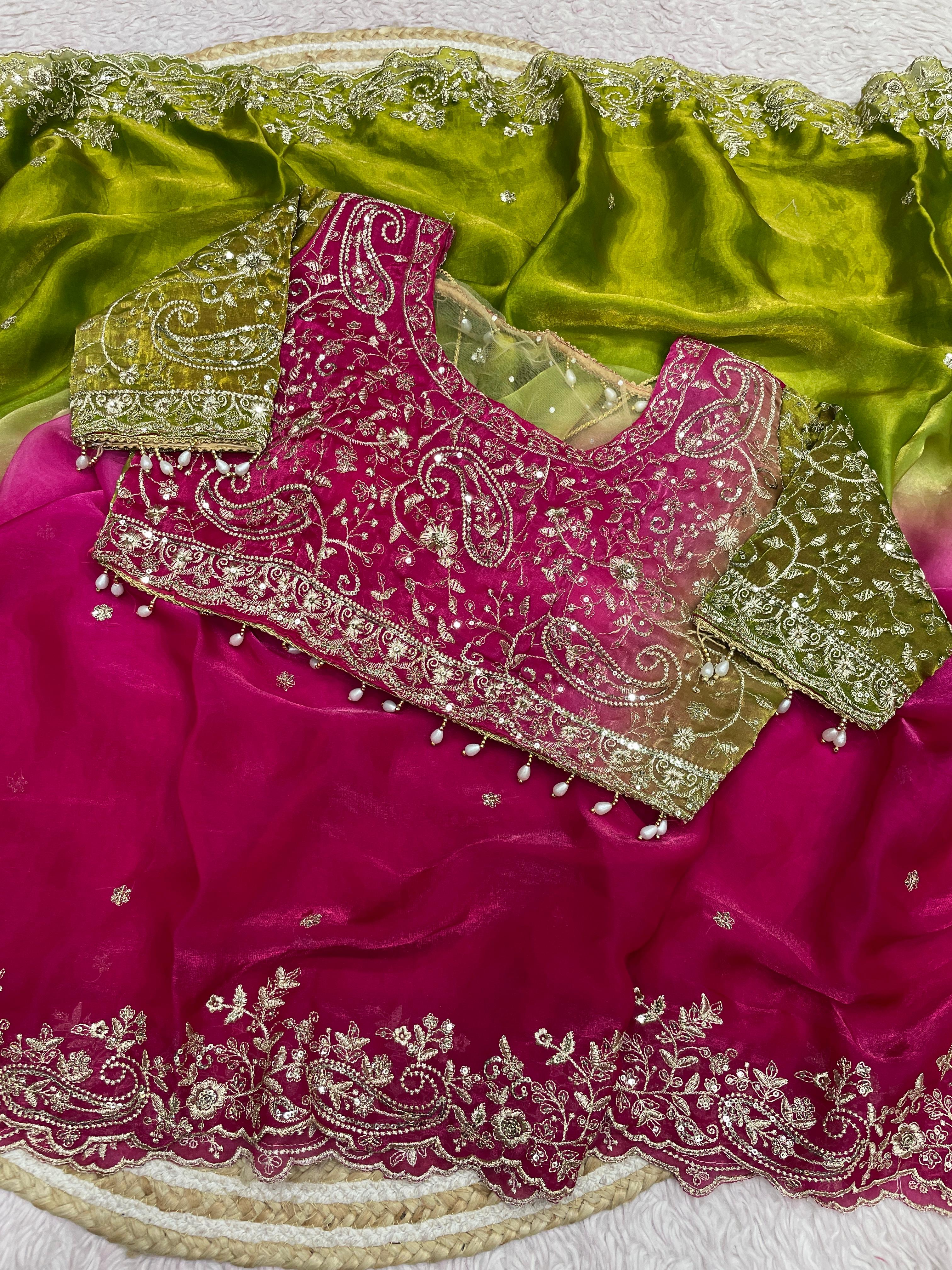 Space Silk Embroidery work saree with stitched blouse