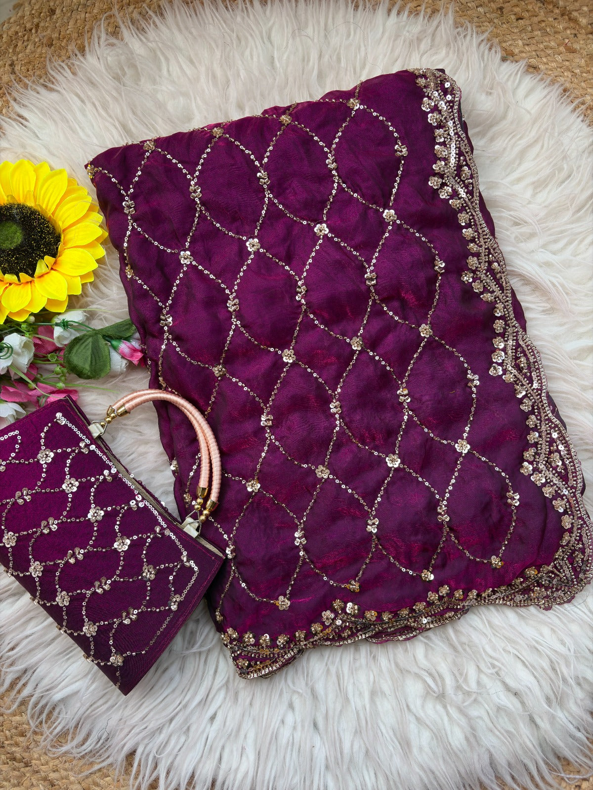 Space silk beads work saree with free desiner purse