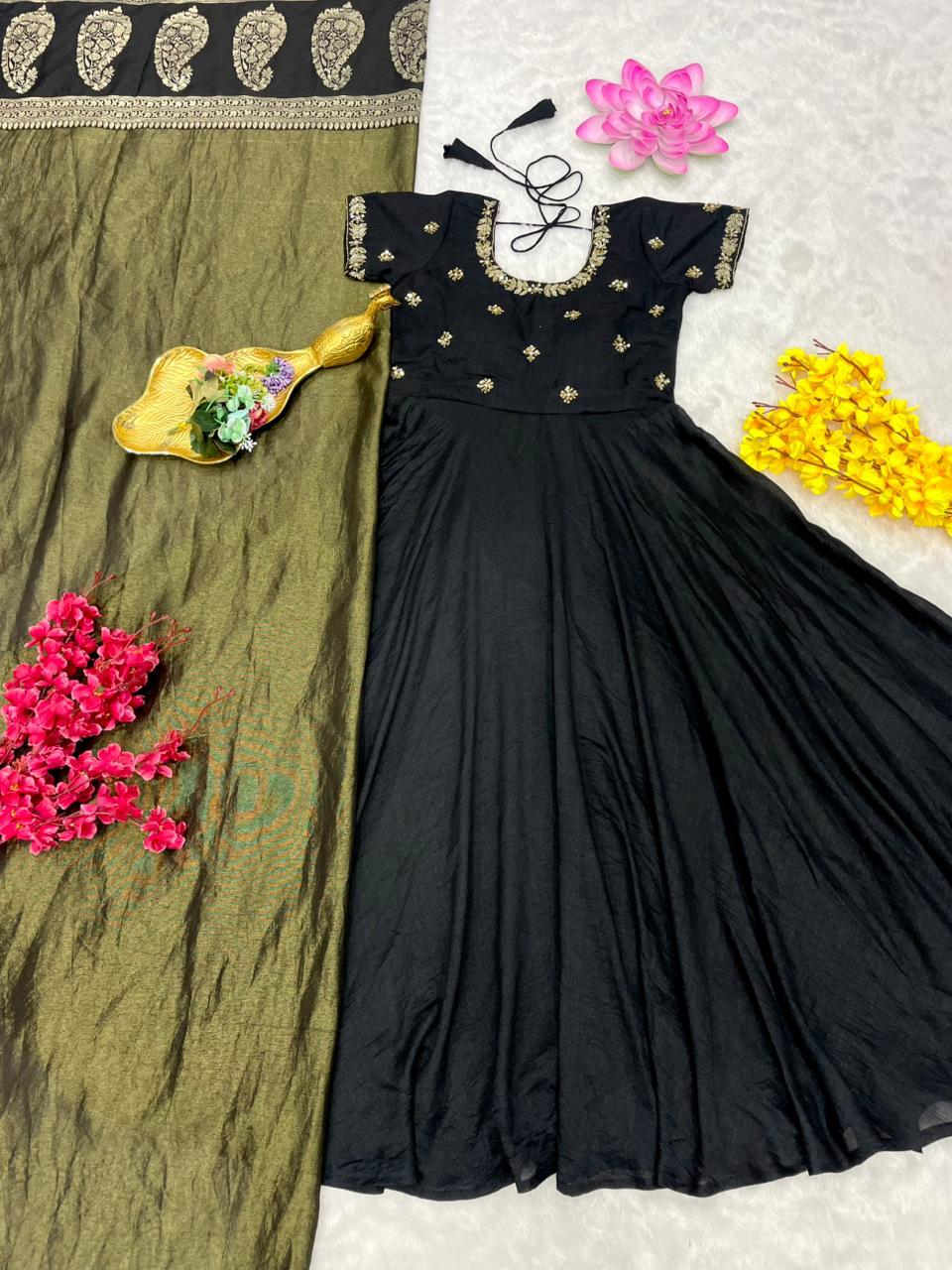 Beautiful maggam work gown and tissue dupatta