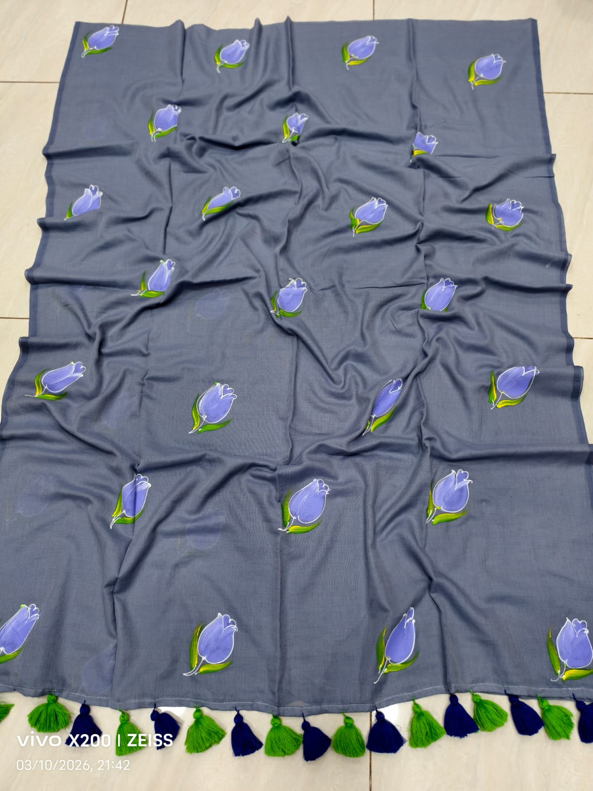 Mul cotton Tulip hand painted saree