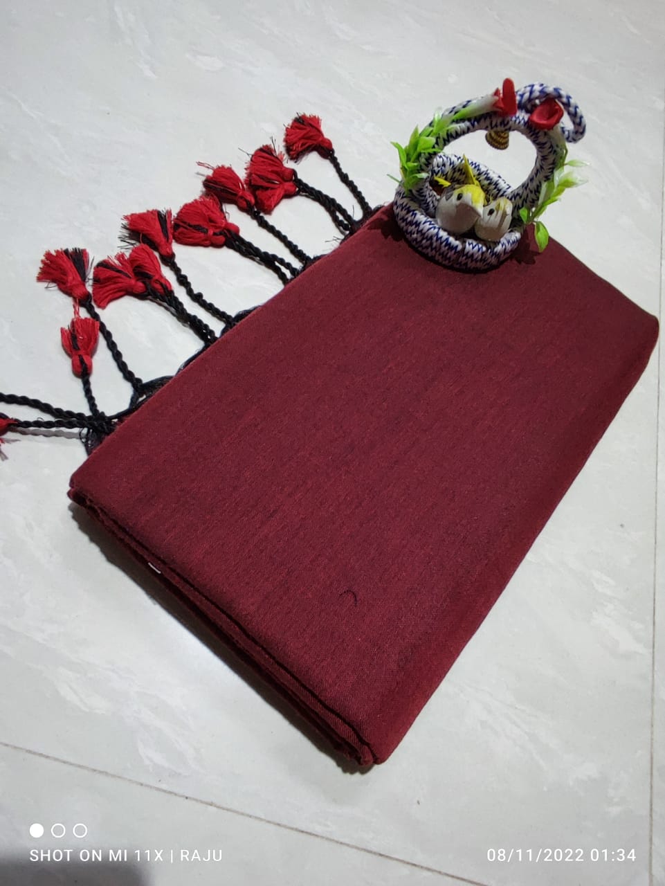 Plain khadi cotton saree with tassels