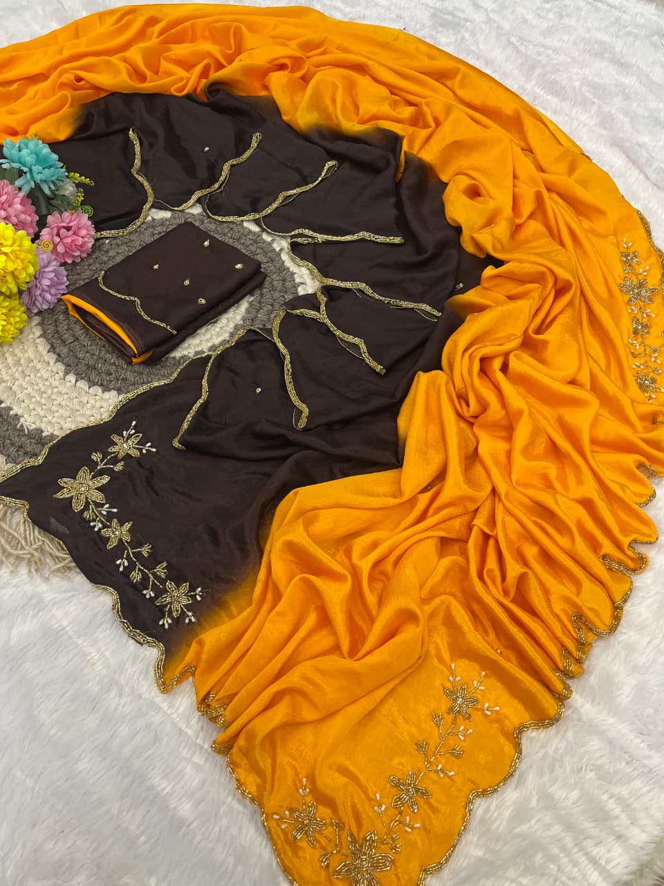 Rangoli crushed dual shade hand work saree