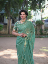 Space silk Beads work Stitched blouse saree