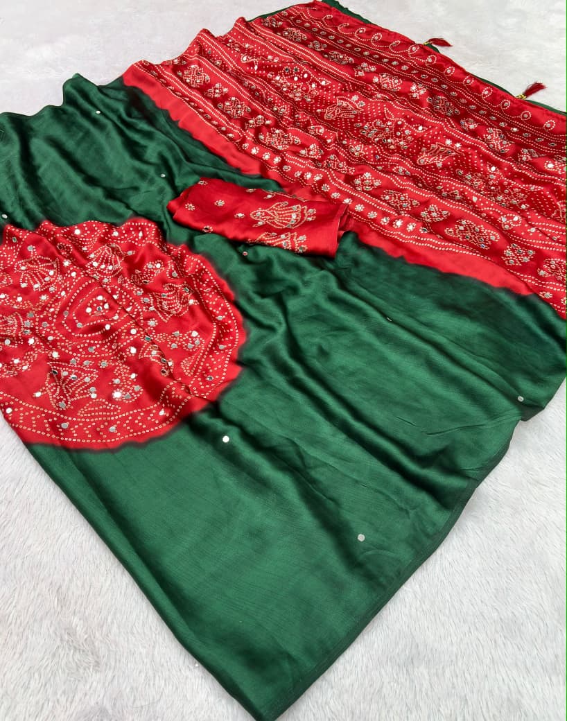 Ajrak bandini print semi modal crepe silk saree
