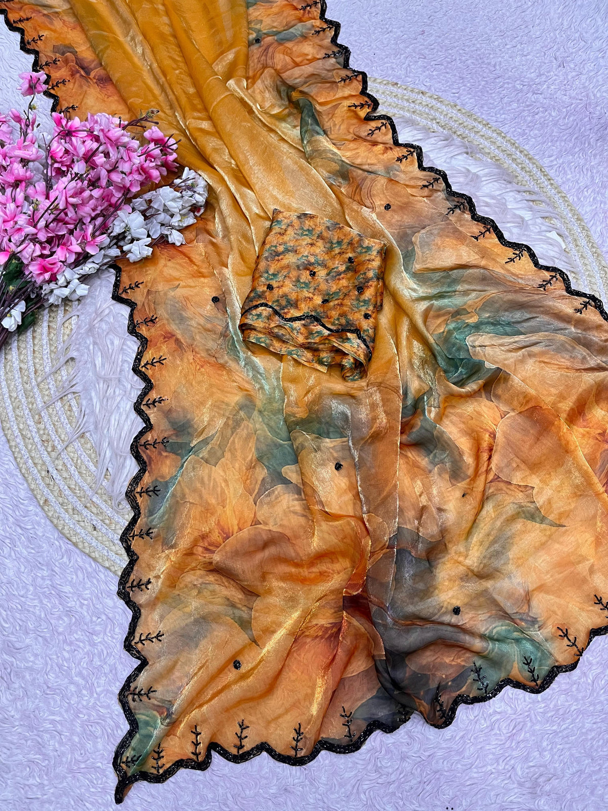 Space silk digital print handwork saree