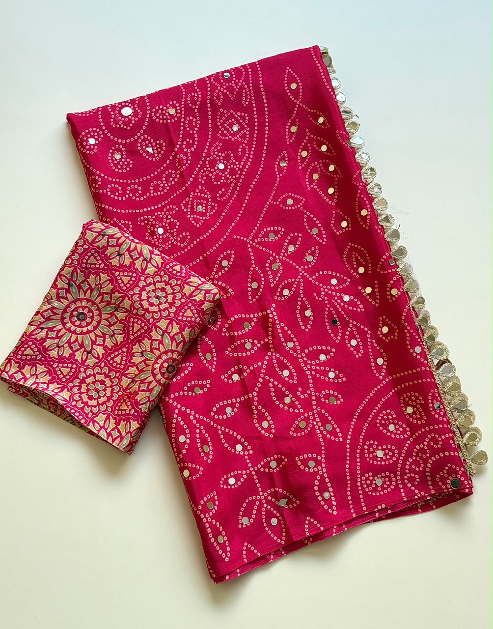 Ajrak design crepe silk mirror saree