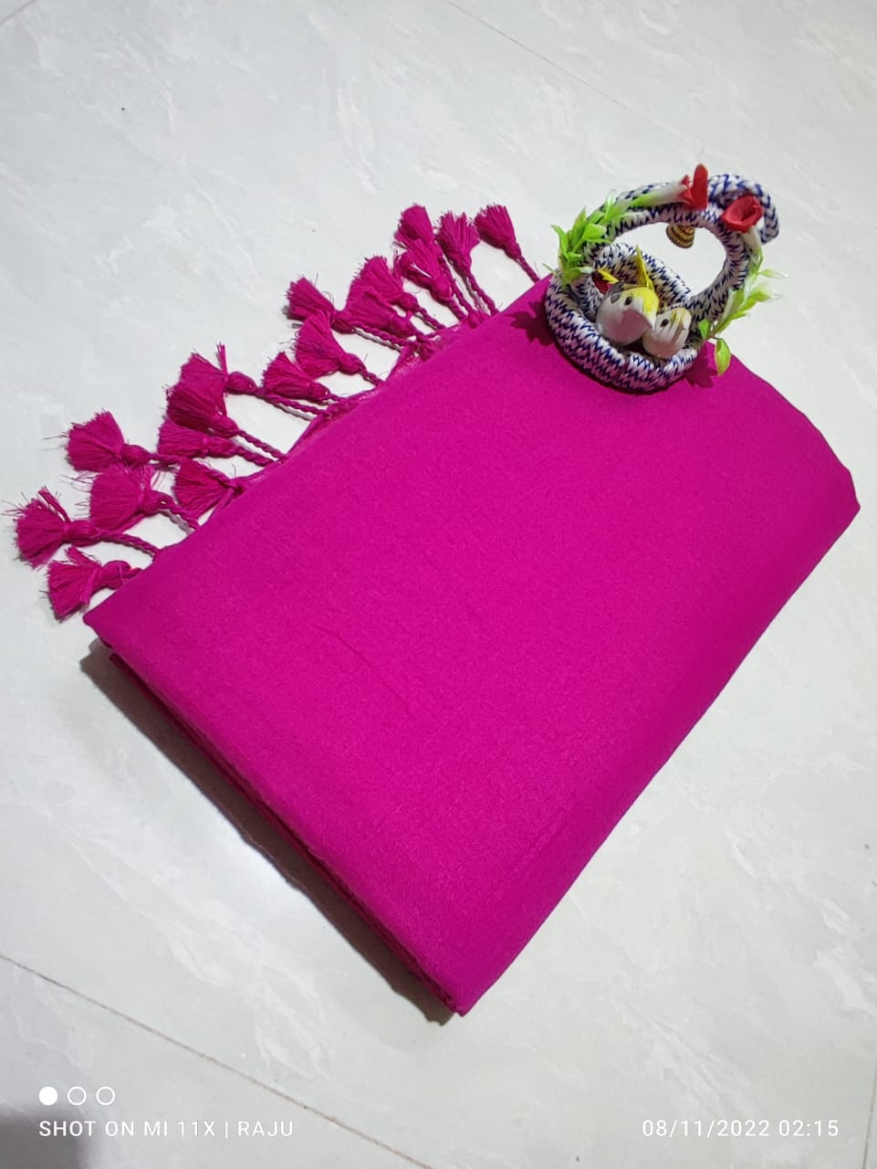 Plain khadi cotton saree with tassels