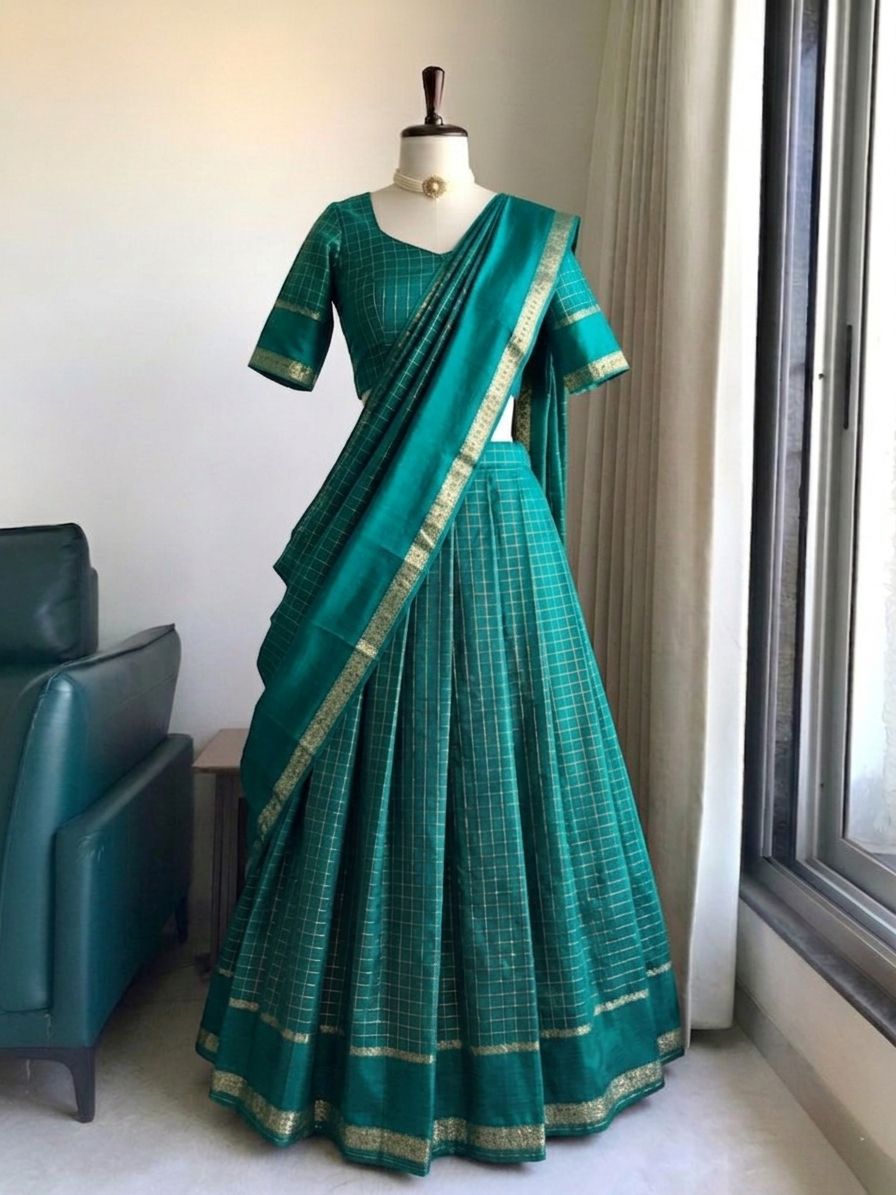 Viscose georgette vintage checks fully stitched half sareee