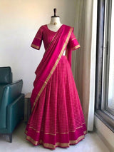 Viscose georgette vintage checks fully stitched half sareee