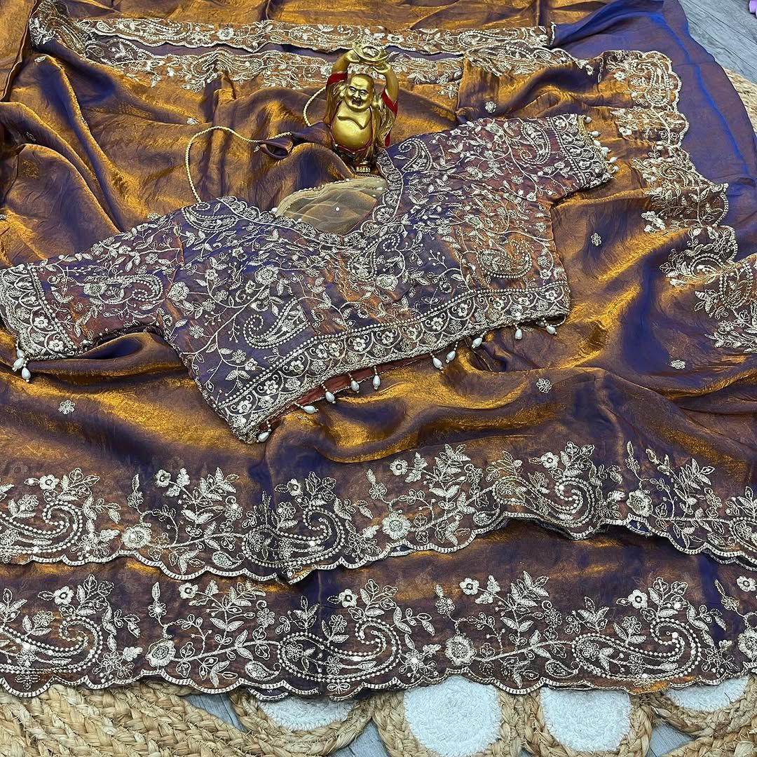 Space Silk Embroidery work saree with stitched blouse