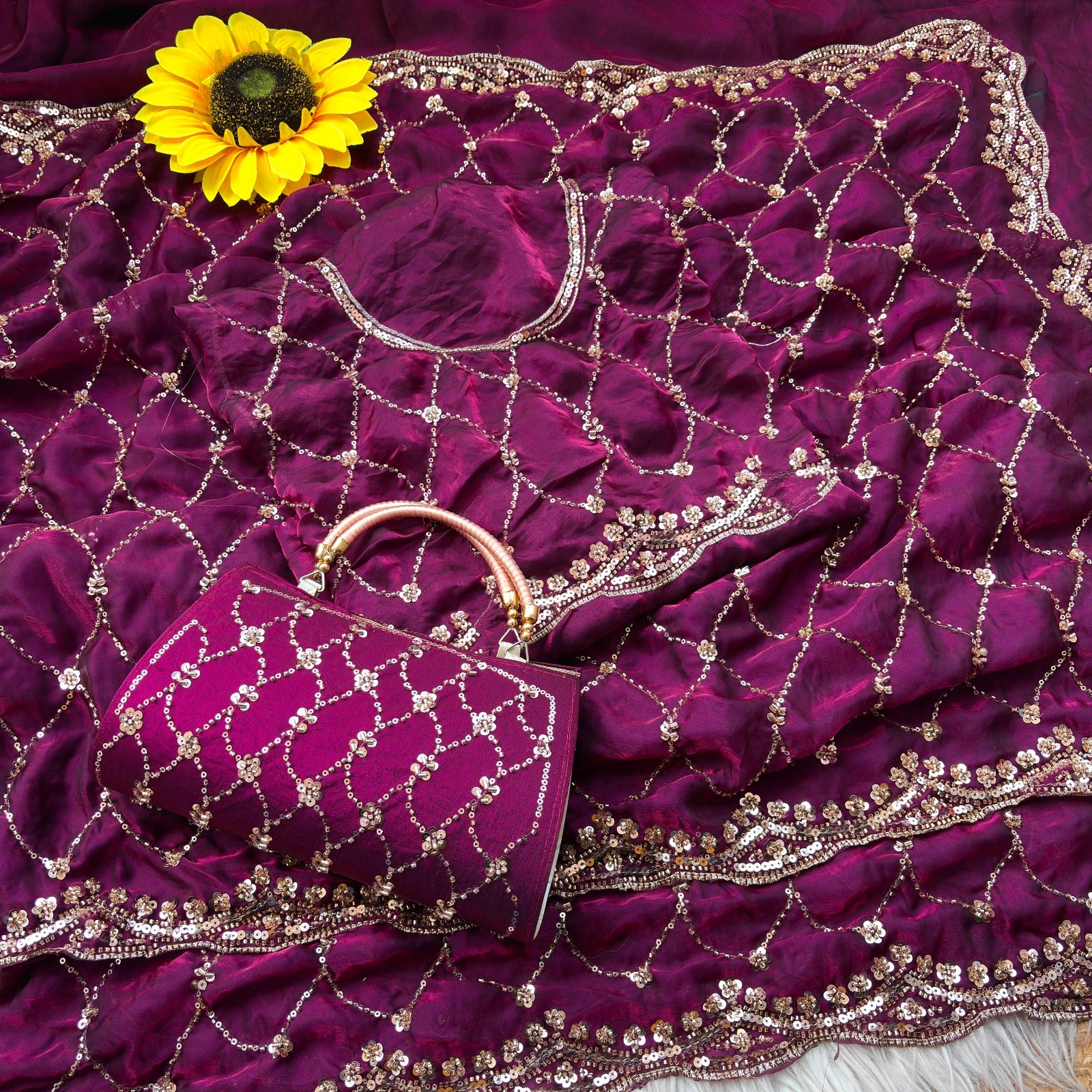 Space silk beads work saree with free desiner purse
