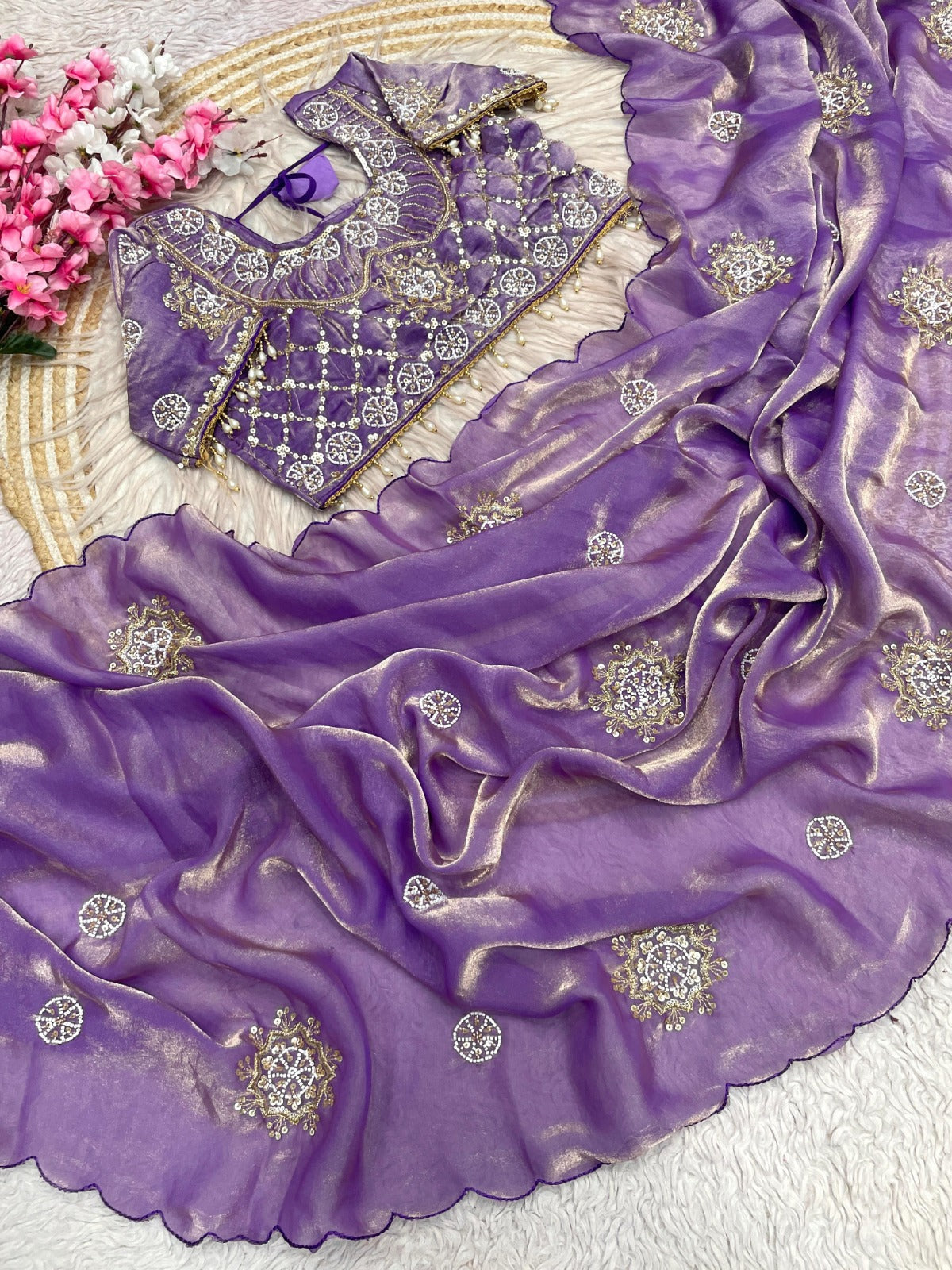 Space silk Beads work Stitched blouse saree