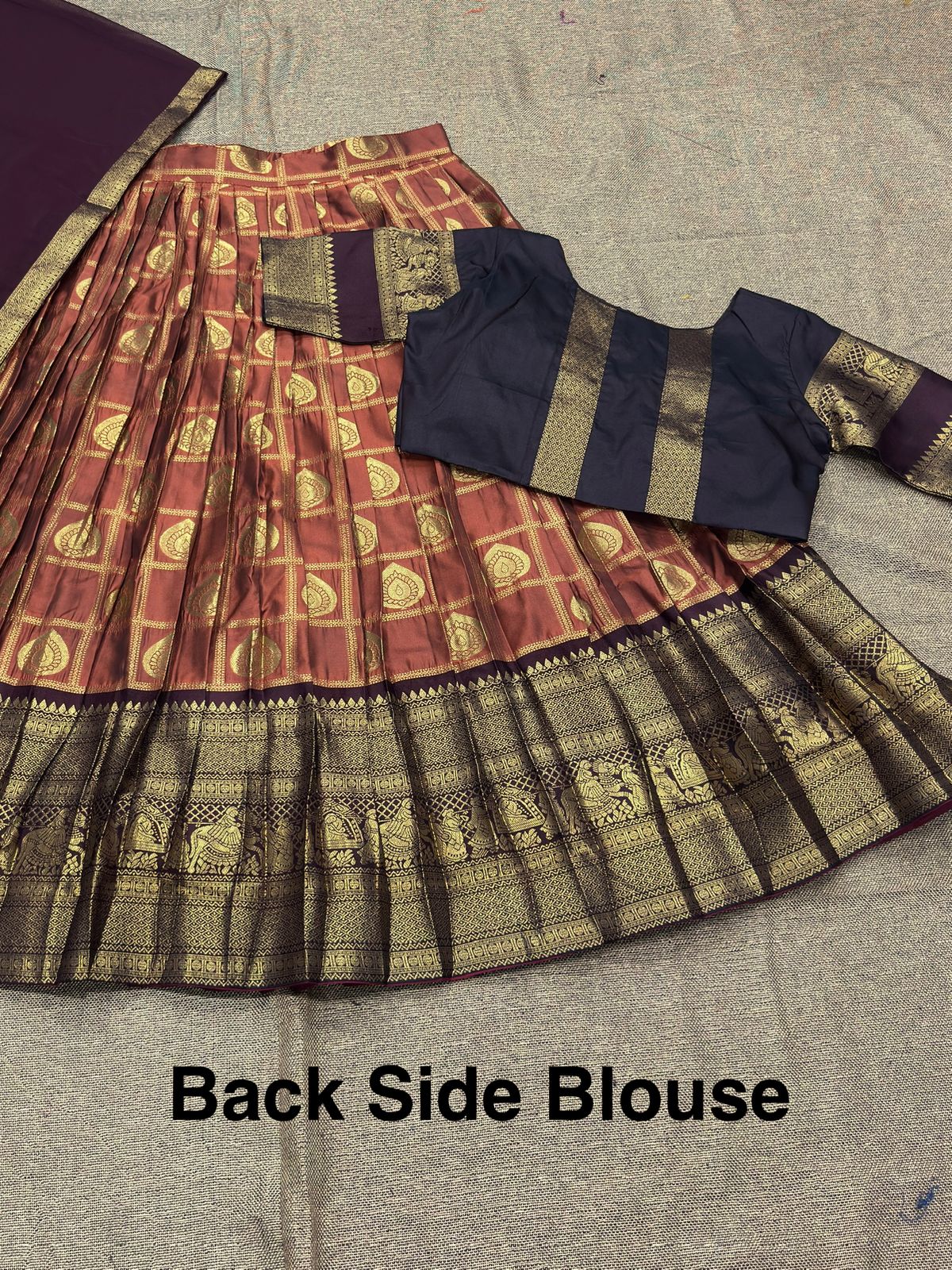 Rust orange and chocolate traditional fully stitched half saree
